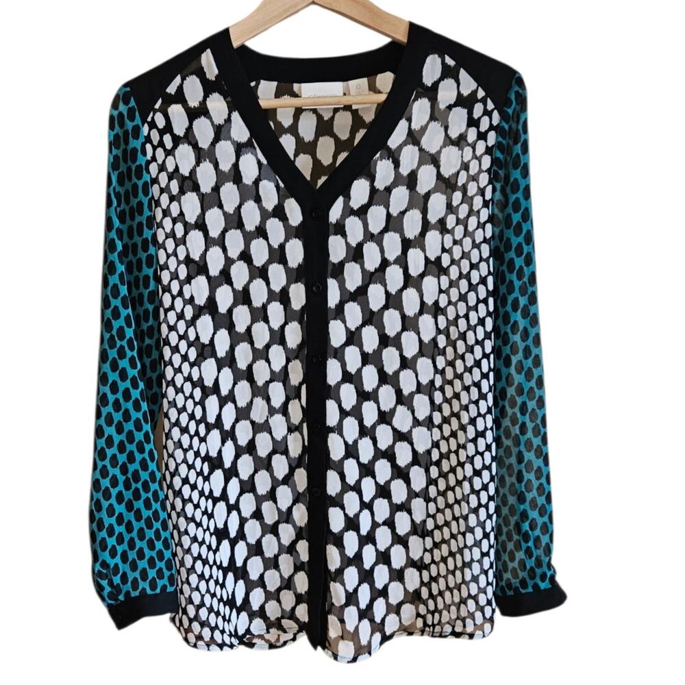 Chico's Blouse Womens Small Black White Ikat Dot Button Front Long Sleeve